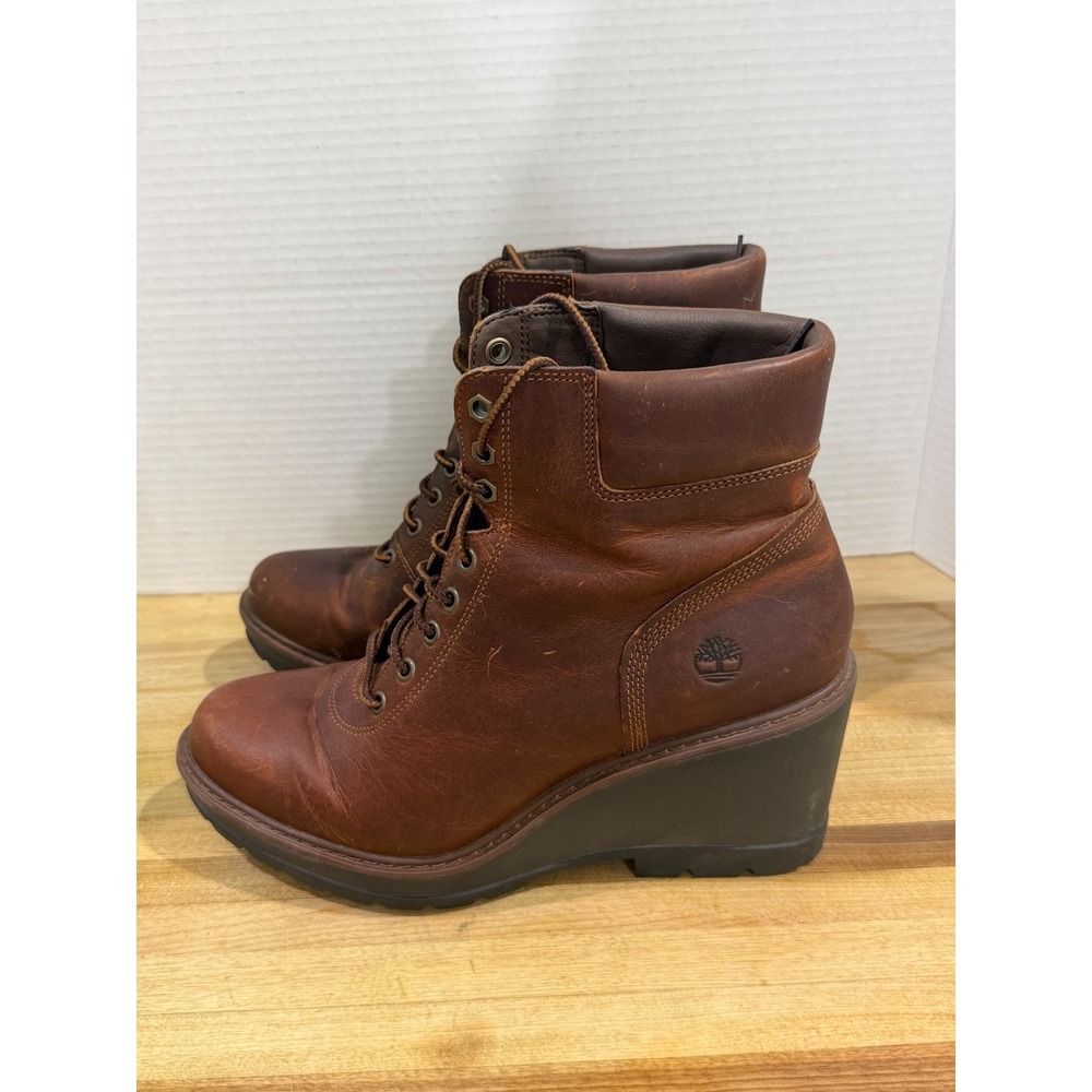Timberland Womens Brown Leather Lace-Up Wedge Ankle Boots Sz 9.5